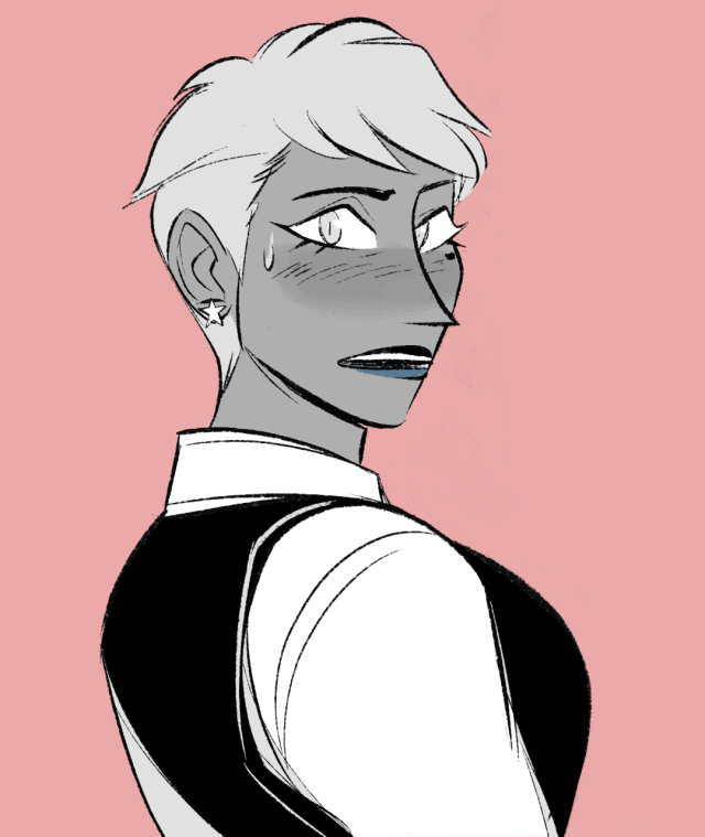 Greyscale Chest-up drawing of Franziska on a pink background. Her hair is cropped short and she has a star-shaped earring. She looks over her shoulder at the viewer with an exasperated/embarrassed blush and mouth agape.