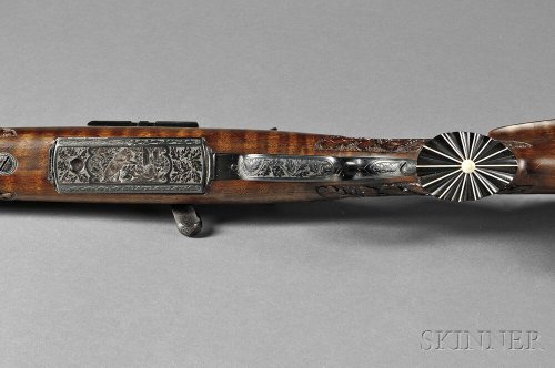 Engraved and relief carved Austrian Model 1952 Mannlicher Schoenauer bolt action hunting rifle.from 