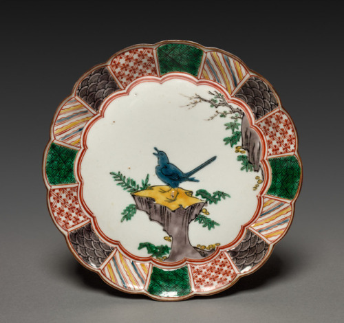 cma-japanese-art: One of a Pair of Dishes with Singing Bird on a Rock: In Ko Kutani Style, 18, Cleve