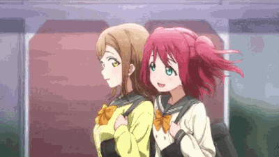 With a debut like this, I’m surprised I didn’t ship these two instantly when I first started watching Love Live! Sunshine. Really though, HanaRuby is another ship I would definitely wanna give more fan art love to.  #love live! sunshine #hanaruby#hanamaru kunikida#ruby kurosawa#animated gif