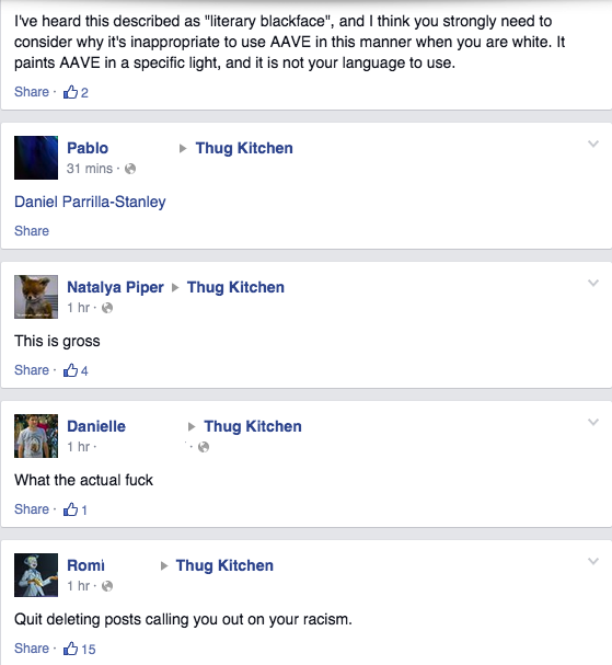 cocoamoon:  takingbackourculture:  Some comments on Thug Kitchen’s Facebook page