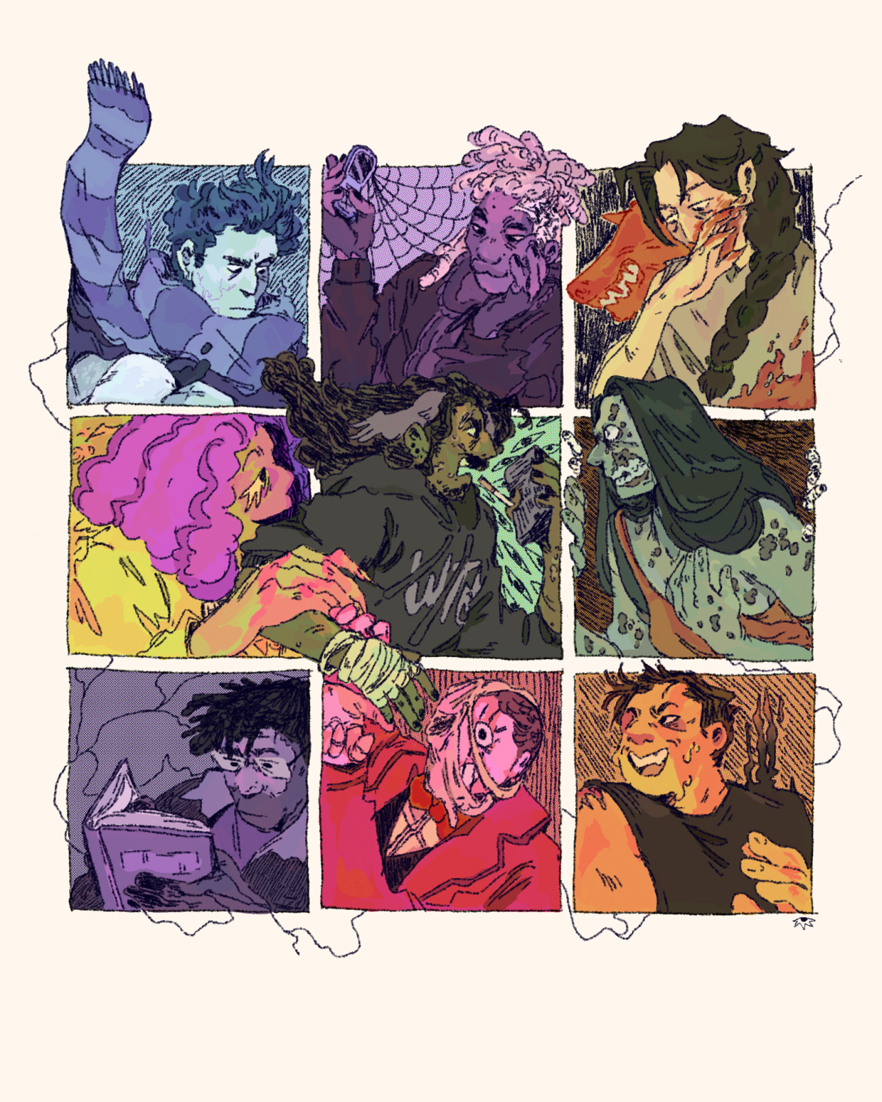 Fanart for The Magnus Archives featuring nine panels in a grid, each depicting a character done in different color palettes