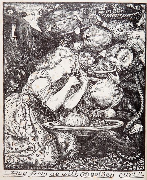 dante gabriel rossetti’s woodcut for the frontsipiece from the 1862 first edition of “goblin market 