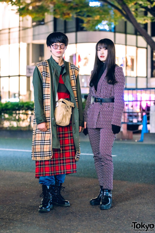 18-year-old Japanese students Syuta and Runa on the street in Harajuku wearing mostly vintage and re