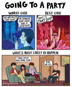 missgingerlee:  paperparachute:  castorochiaro:  pr1nceshawn:    Worst Case vs. Best Case Scenarios by Karina Farek.  This is a great joke, but it’s also a wonderful strategy for reducing anxiety that I learned about in therapy. If you’re ever nervous