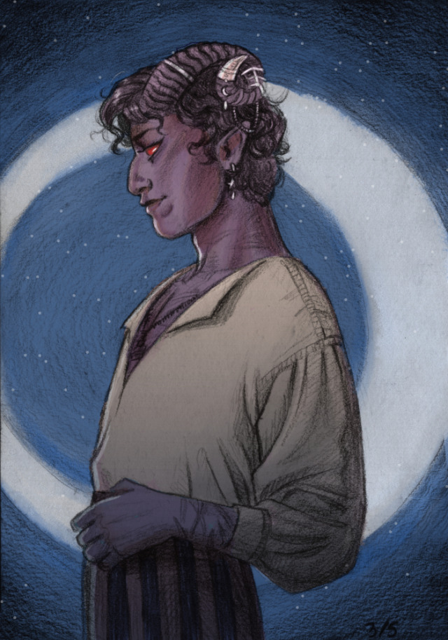 A digitally coloured grey pencil drawing of Mollymauk Tealeaf from Critical Role. He's shown in profile, from the hips up. He's not wearing his colourful coat, just a shirt with a deep cleavage and puffy sleeves. He wears a confident smile and has his thumb hooked in the rim of his trousers. The background is a huge crescent moon.