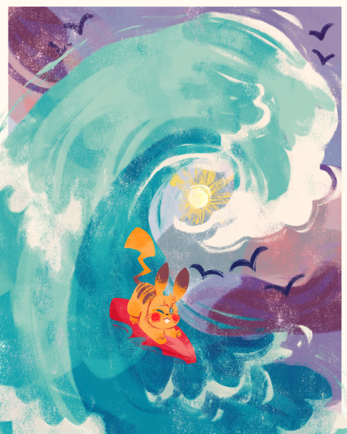 hkasof: my mom wanted an ocean wave drawn for her bday and i added in a surfing pikachu (which she a