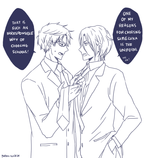 fallen-lucifiel:  When Rei gets really talkative, he forgets things are still happening… What am I doing? It’s 7am and I’m still drawing RinRei. I need to sleep!  ಥ‿ಥ They’re wearing the secret agent outfit but I’m too lazy to shade everything