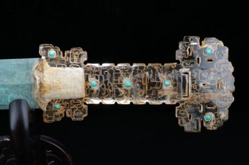 Talonabraxas:chinese Bronze Sword Turquoise Studded, Gold Inlaid Rock Crystal Hilt.