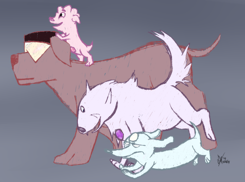 Another request from my little sister. She wanted me to draw wolf Amethyst so I got carried away and drew all the Gems as dogs. Garnet is a mastiff (well, in theory), Amethyst a wolf (obv), Pearl is a dachshund, and Steven is a mixed breed puppy. To be