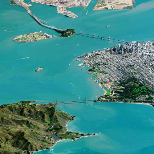 dailyoverview:Slide to check out this remarkable panorama of San Francisco, California captured by the DigitalGlobe Worldview-3 satellite at an extremely low angle. The camera was 800 miles away over the Pacific Ocean when this Overview was captured.