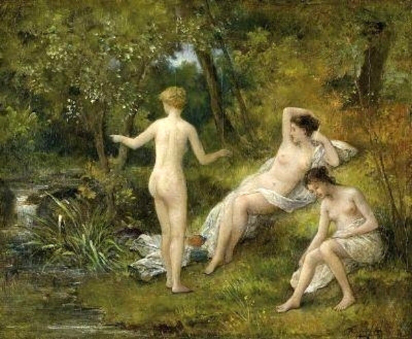 artbeautypaintings:  Bathers in a forest lake - François Lafon 