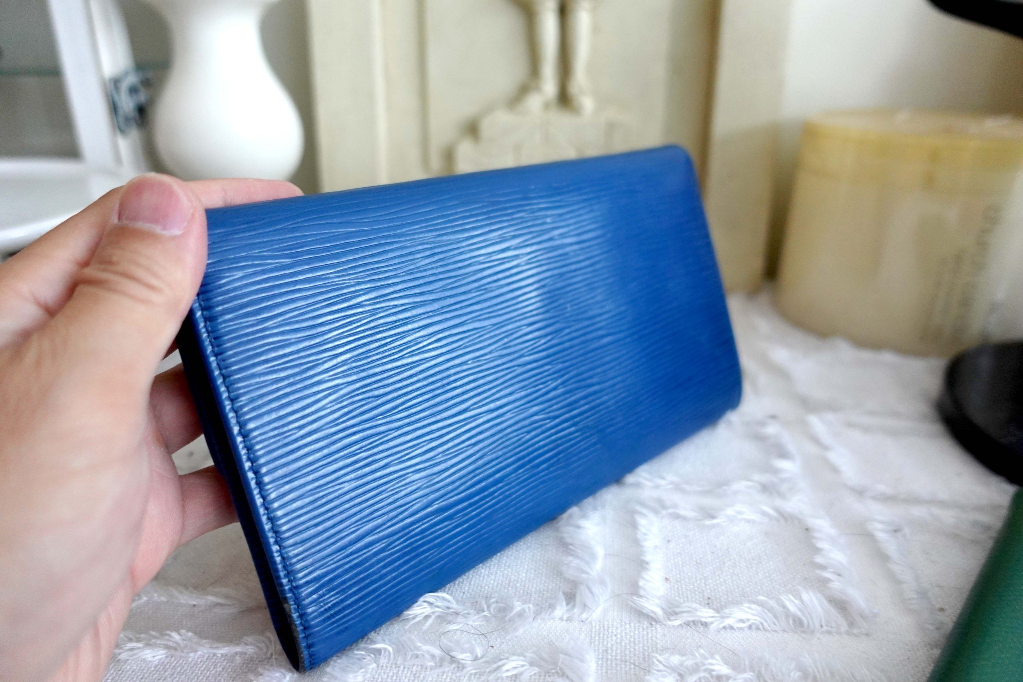 French famous brand LOUIS VUITTON LV middle-aged high-quality blue slub  pattern leather tri-fold wallet Silver - Shop Mr.Travel Genius Antique shop  Wallets - Pinkoi