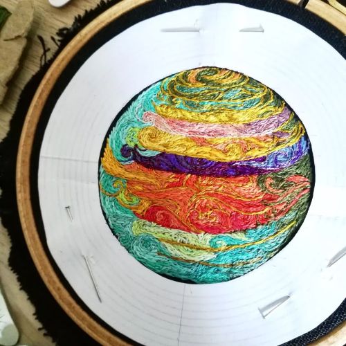  “Saturn”WIP…Third step :- I embroider again the outlines with my metallic thread