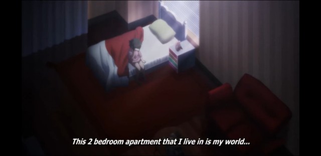 A girl sits on the side of her bed in a small apartment. Subtitle: This two bedroom apartment I live in is my world...