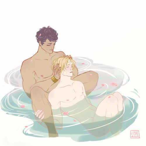 liebremaga:

Soft kings bathing together and Damen washing Laurent’s hair and them loving each other and some pink petals for aesthetic purposes.jpg 