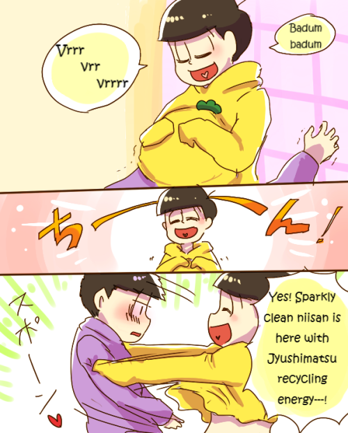 tissueboxdajo:   ~Matsus cleaned after recycling!~ Source: [  リサイクルでキレイ松！  | くるみ(Pixiv ID: 491649)]      +ﾟ☆ﾟ+｡ This comic has been cleaned by @iannsme  +ﾟ☆ﾟ+｡ Thank you!!      Artist permission 👌 **REPOST