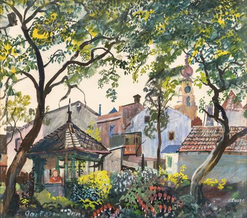 Garden Inn  -   Oskar Laske, 1945.Austrian, 1874 - 1951Watercolor and gouache on paper , 38.5 x 43.4