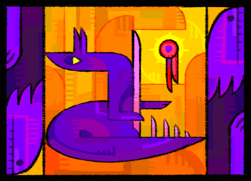 digital art of spearmaster from rain world. they're standing in front of an orange background made of abstracted tubes and columns. they're facing the right, but their head is facing left; they're holding a spear vertical in front of their body, and the dark red pearl is floating to the right. on either side of the picture are bright purple lizards facing upward and downward. the style is simplistic and prioritizes bold, straight lines going up and sideways, with curves at most right angles.