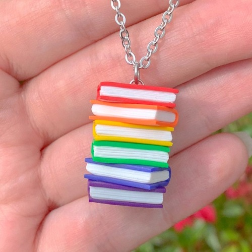 justlgbtthings:sosuperawesome:Pride Book Stack Jewelry and KeychainsShiny Stuff Creations on Etsy i