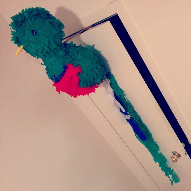 We made a quetzal piñata. It has stones for eyes and a rolled up Trader Joe’s dish towel for a beak. It is pretty frickin glorious. I’ve never even made papier-mâché.