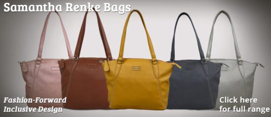 Image shows 5 Sam Renke handbags lined-up next to each other, in Rose Gold, Chesnut, Mustard, Navy and Silver. Text reads "Sam Renke Bags. Fashion-forward, inclusive desing. Click here for full range"