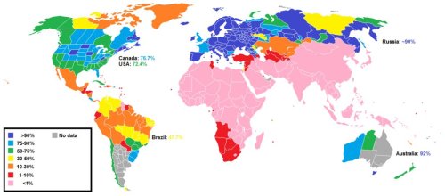 thelandofmaps:Percentage of population in each country that is classified as being White or of Europ