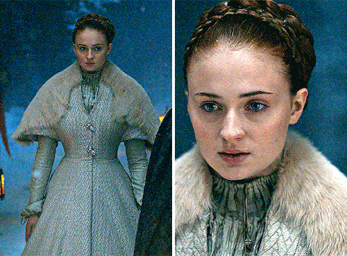 Two gifs of Sansa Stark in her white wedding dress and cloak for her marriage to Ramsey Bolton.
