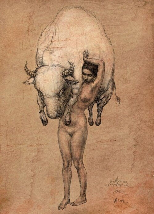 x-heesy:  Modest and tasteful “Girl Carrying a Bull” by Vladimir Fokanov 