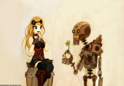 Got you a flower Small drawing of characters I’ve been working on. Young airship pilot and a robot that fell in love with her.  Still working on it, I might return to this concept later. What do you think?