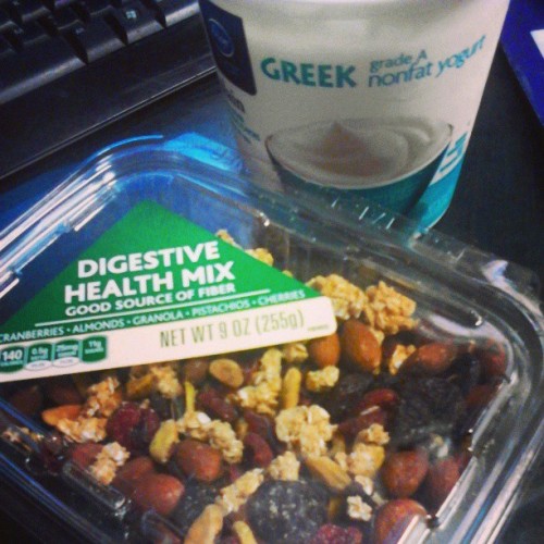 Snack time! 1 cup greek yogurt, &frac14; cup mix, 1 tsp agave nectar! #delicious #eattogrow #eat