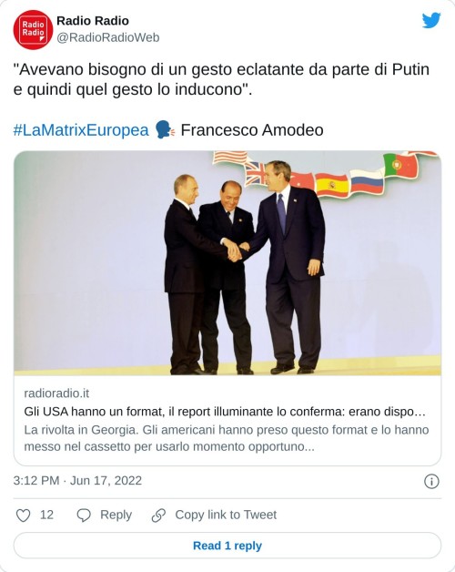 "Avevano bisogno di un gesto eclatante da parte di Putin e quindi quel gesto lo inducono".#LaMatrixEuropea 🗣 Francesco Amodeohttps://t.co/EmUzZi9NRK  — Radio Radio (@RadioRadioWeb) June 17, 2022