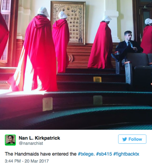 micdotcom: Women wore red ‘Handmaid’s Tale’ robes to Texas Senate in protest of anti-abortion bill Protesters in the Texas Capitol made a silent statement on Monday when they showed up to the Senate chambers dressed in the red robes and white bonnets,