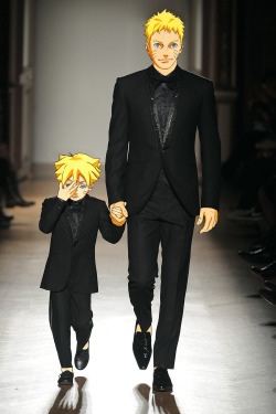 narutoxfashion:  Boruto Uzumaki (うずまきボルト) and Naruto Uzumaki (うずまきナルト) in Smalto Spring-Summer 2012