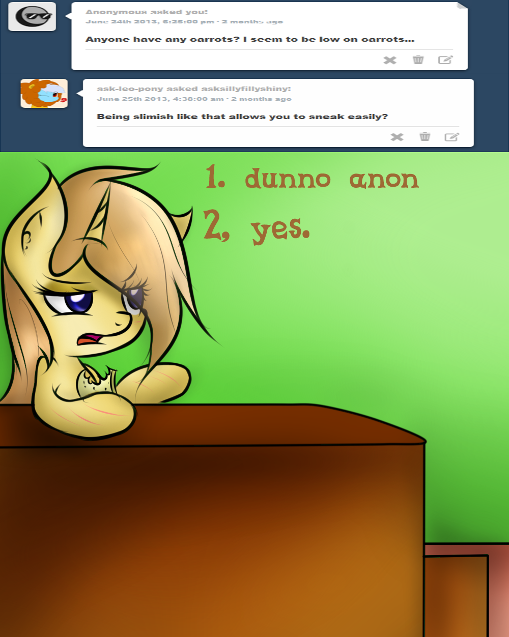 askshinytheslime:  askshinytheslime:  Mint: Where is this annoying as hell pony….