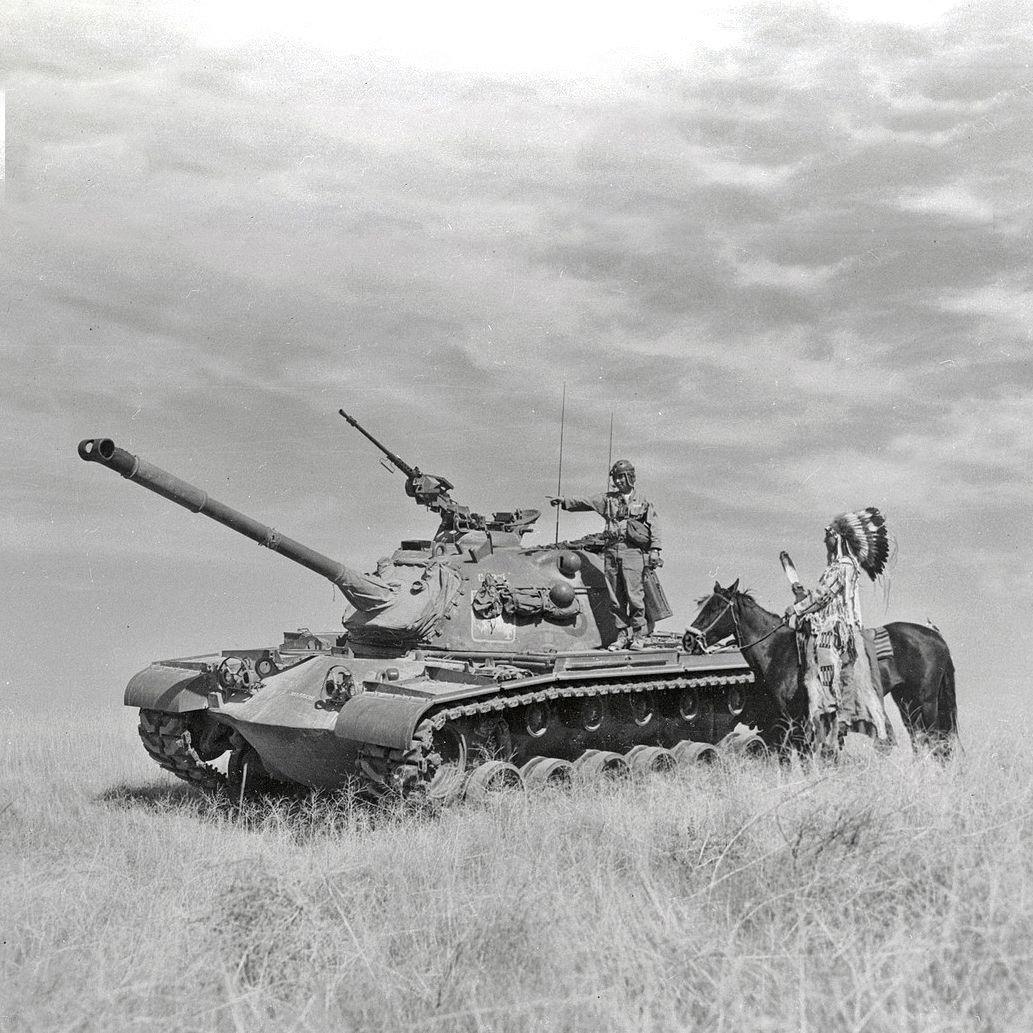 wisco-warrior:1954 - Chief of the Yakima Indian Tribal Council, visits his son, Cpl.