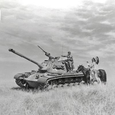 wisco-warrior:1954 - Chief of the Yakima Indian Tribal Council, visits his son, Cpl.