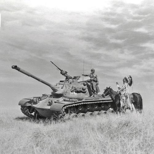 wisco-warrior:1954 - Chief of the Yakima Indian Tribal Council, visits his son, Cpl.