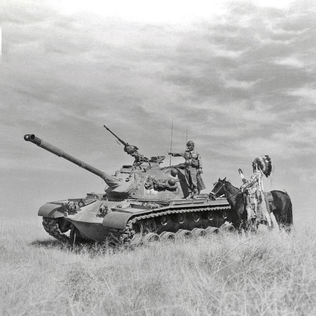 wisco-warrior:1954 - Chief of the Yakima Indian Tribal Council, visits his son, Cpl.