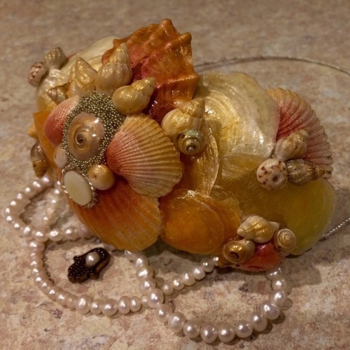 Crown of shells, made from silver wire, mother of pearl, hawks eye cabochons, fresh water pearls, an