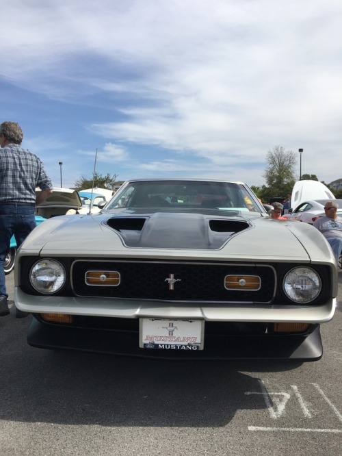 1972 Mach 1 Mustang in Ford “Light Pewter” at a car show today. This girl has a 351 Clev