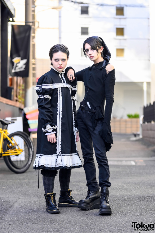 Daiki and Leo on the street in Harajuku wearing gothic Japanese styles including a handmade dress an