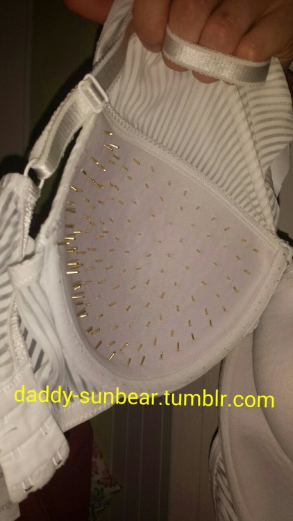 tasksforsubsandslaves:  daddy-sunbear:  Daddy made me a new bra….nice little torture bra that I can wear to work.  It feels amazing on!  Sewing it back together however took AGES!   It feels amazing on….and when he presses against it a little it feels