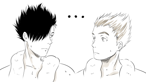 hanatsuki89:  Hinata times when he changes and bathes at training camp to see Kuroo and Bokuto’s bodies. They realise, so they start flexing.(same here, Hinata,same)This is me not feeling like doing complicate things and doing some quick sloppy sketches