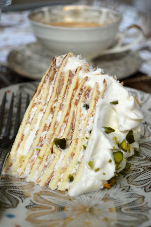 intensefoodcravings:  Pistachio and Coconut Crepe Cake | The Primitive Palate