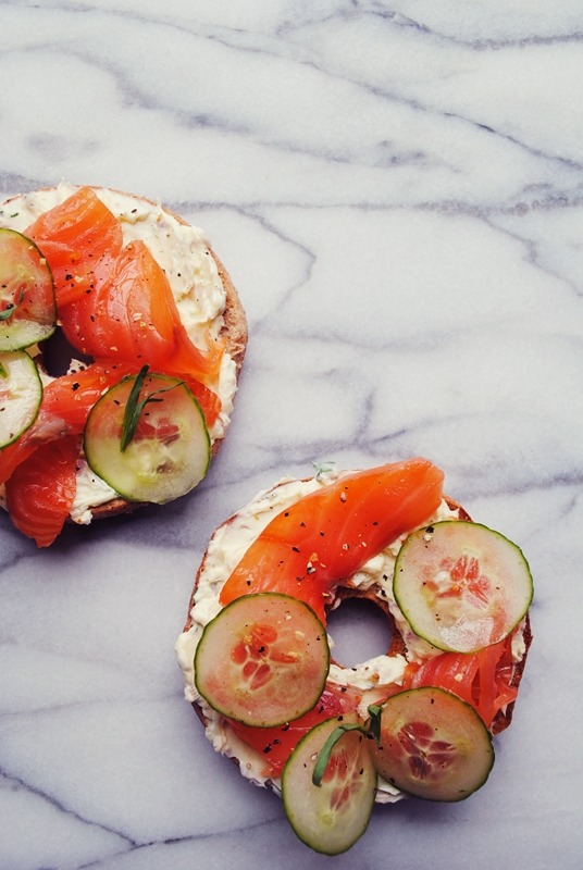 breakfasteats:  smoked salmon and cucumber bagel with tarragon+shallot cream cheese 