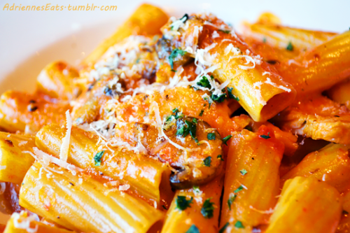  Rigatoni with Grilled Chicken, Mushrooms, and Roasted Red Pepper Cream Sauce from Bravo Cucina Ital
