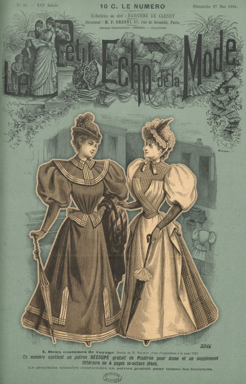 Le Petit écho de la mode, no. 21, vol. XVI, 27 mai 1894, Paris. Deux costumes de voyage. Dessin de M