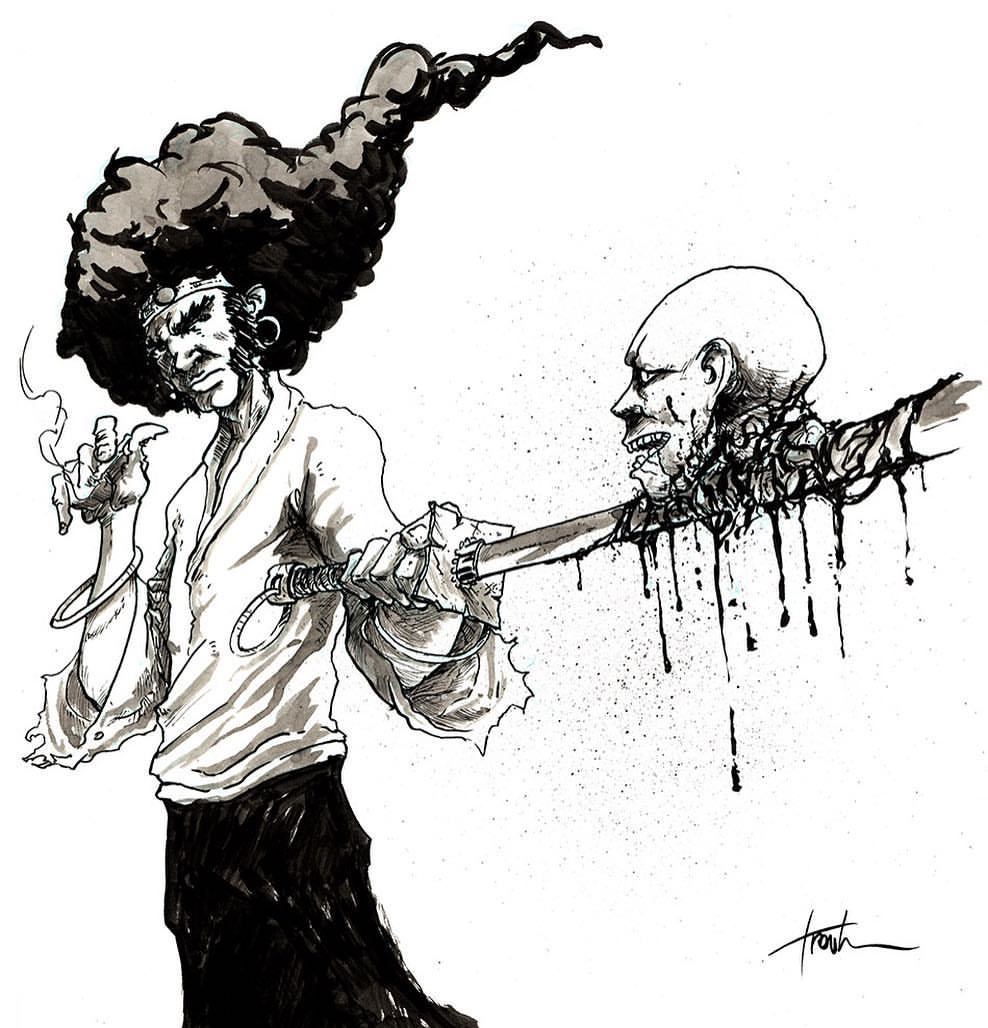 Hip hop musician afro samurai with graffiti 