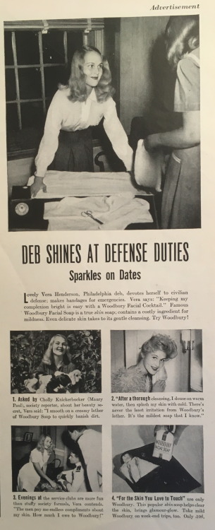 “Deb shines at defense duties, sparkles on dates” (1942)